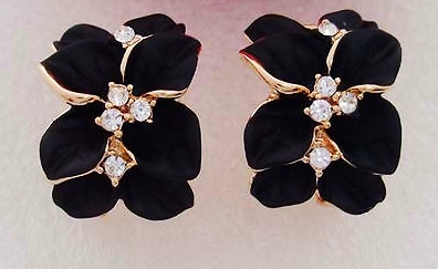 18k Gold Plated Black Flower Crystals Stud Earrings