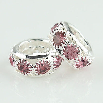 5Pcs Czech Crystal Silver Pink Spacer Beads European DIY Charm Jewelry