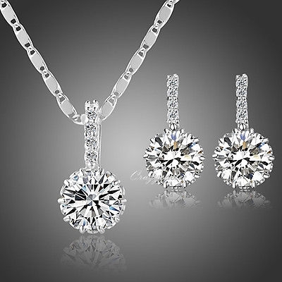 18K White Gold plated Crystal Zircon Earrings Necklace Set