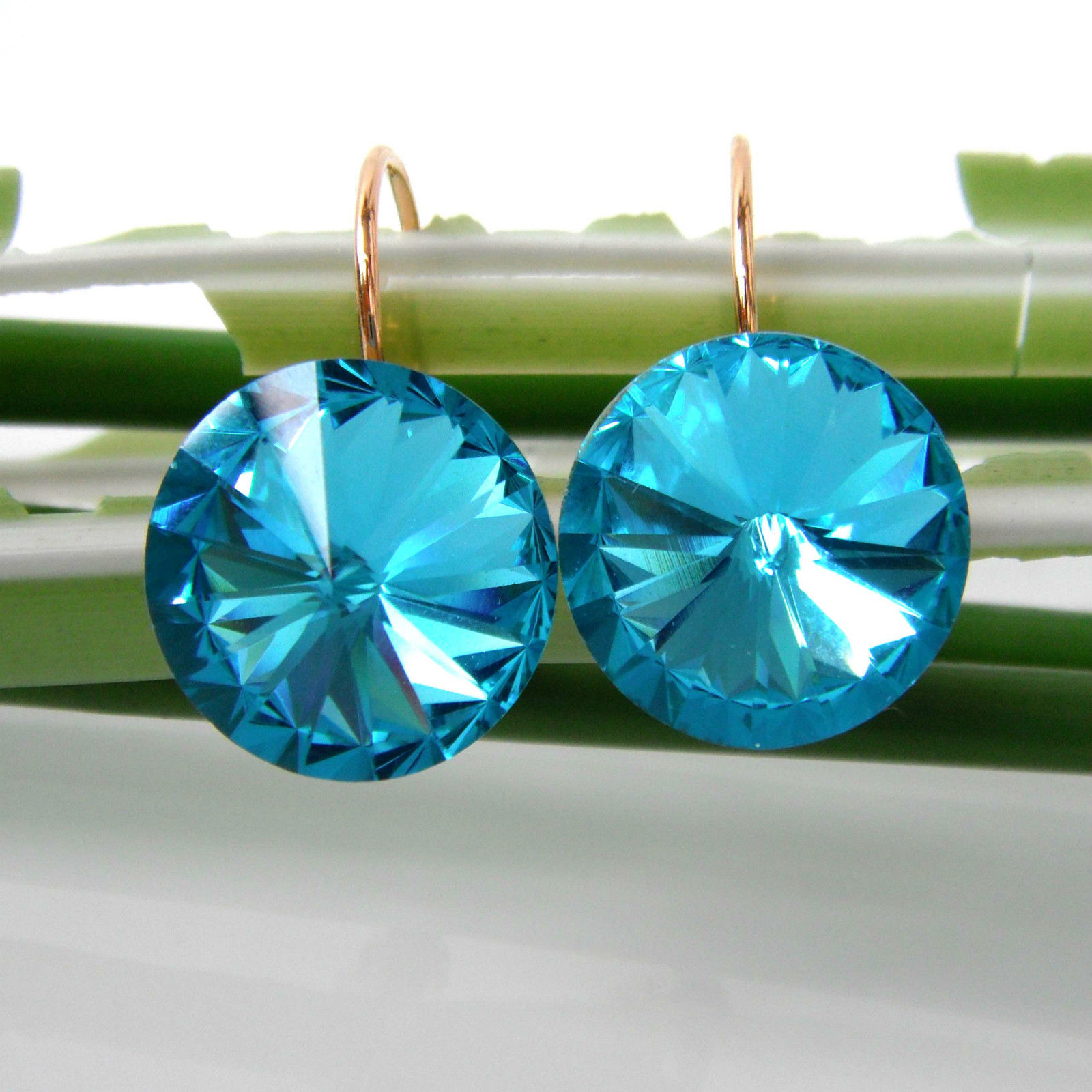Blue 18k Yellow GP Swarovski Crystal Sapphire Zircon Leverback Earrings