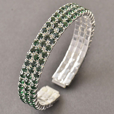 Stunning 925 Sterling Silver 3-Row Emerald Cuff Bangle