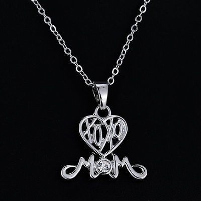 Love Heart "Mom" Charm Silver Crystal Pendant Necklace