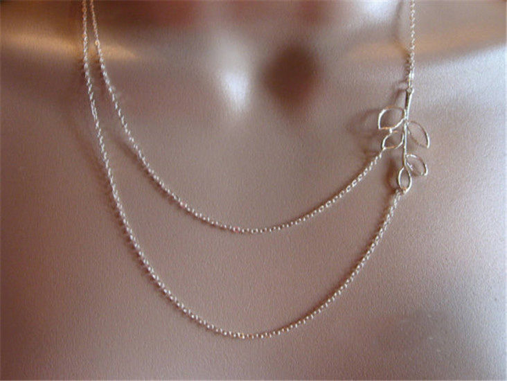 Double Chain Leaves Pendant Charm Silver Plated Necklace