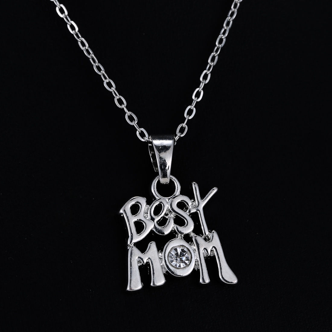 Love "Best Mom" Charm Silver Crystal Heart Pendant Necklace