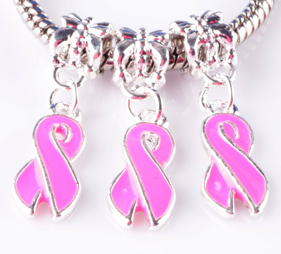 3pcs Pinked Ribbon Stained Rose Big Hole Beads Charm Pendant Bracelet