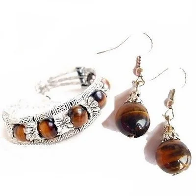  Tibet Silver Tiger-eyes Bracelet Earrings Set