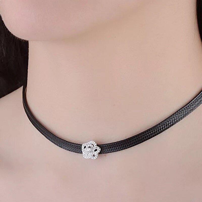 Shiny CZ Flower 925 Silver Pendant Choker Necklace