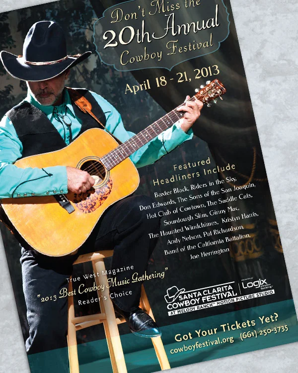 Cowboy Festival Materials have included Posters, Advertising Campaigns, Press Kits, Brochures, Sponsorship Materials, and Logos