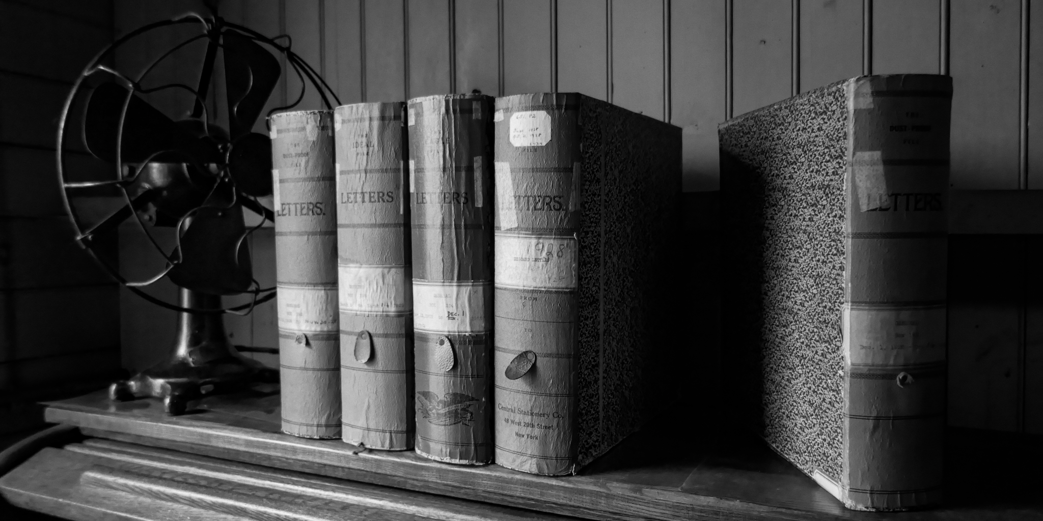  A grouping of book-bound letters sits atop a desk on the third floor of the laboratory at Thomas Edison National Historic Park in West Orange, New Jersey.  