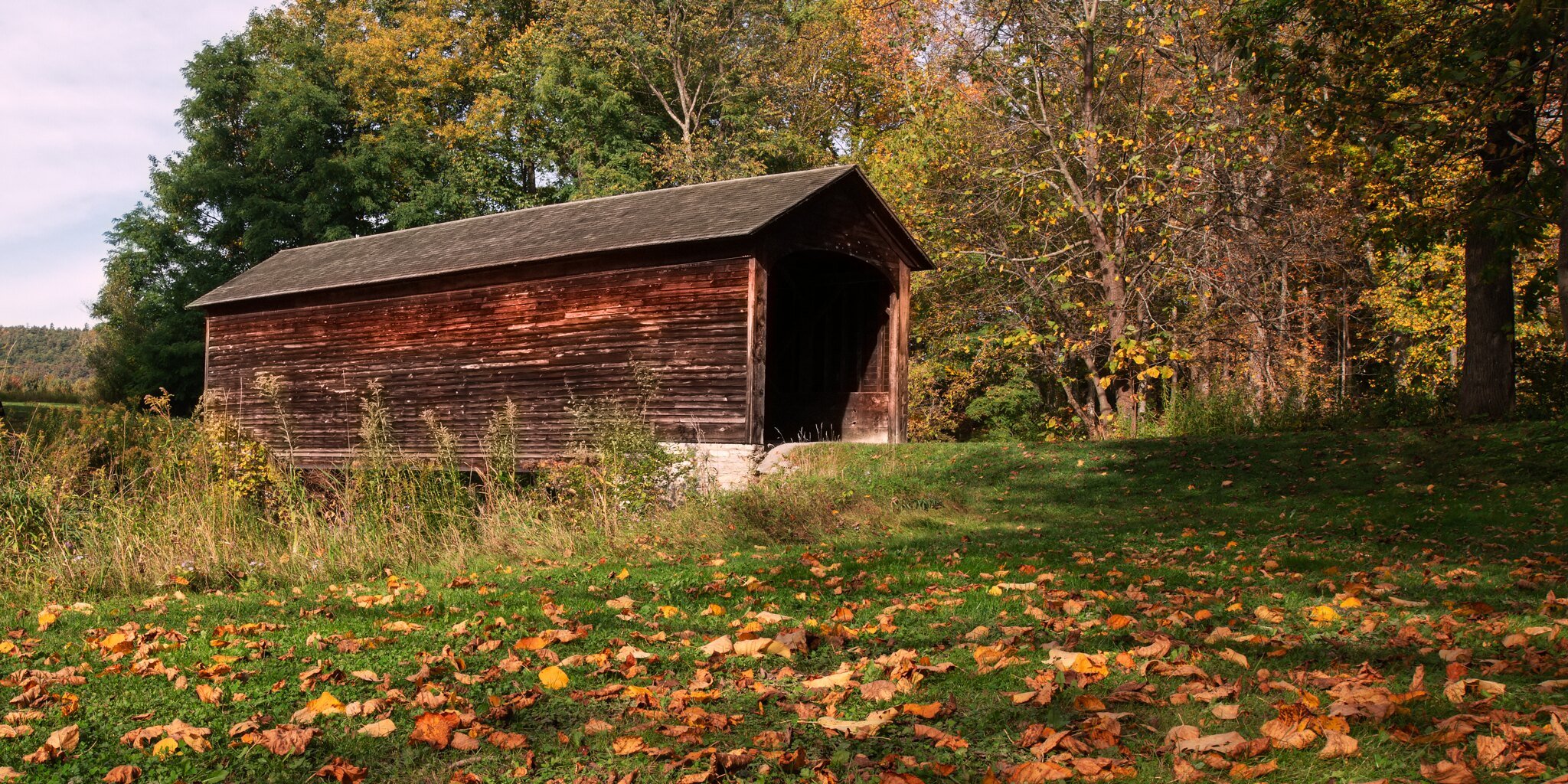  Hyde Hall Covered Bridge in Glimmerglass State Park in Otsego County, NY.  Built in 1823.  Oldest existing Covered Bridge in the U.S.  