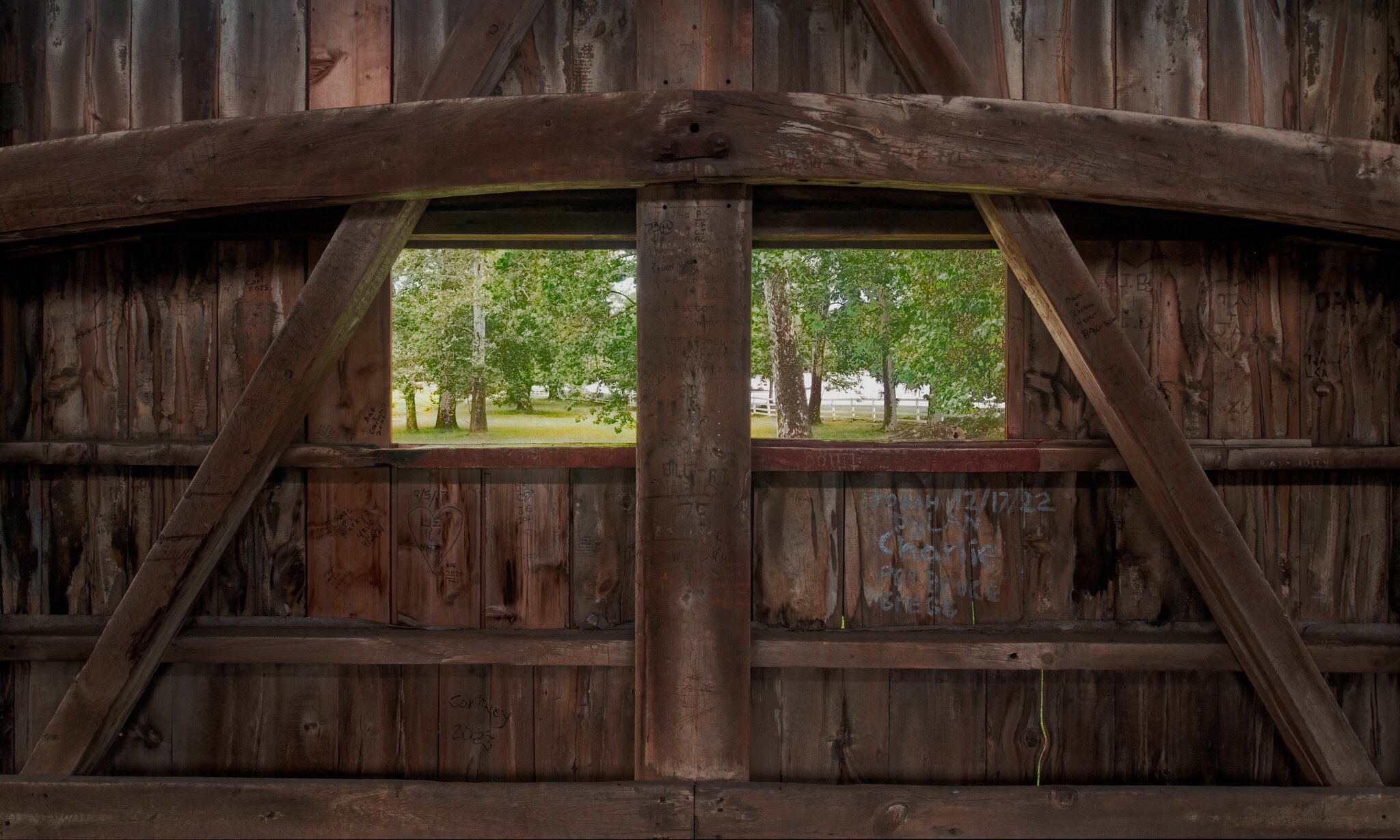  Inside Willows Covered Bridge along route 30 in Lancaster County, PA.  A bridge constructed from two other bridges from 1871 and 1855.  