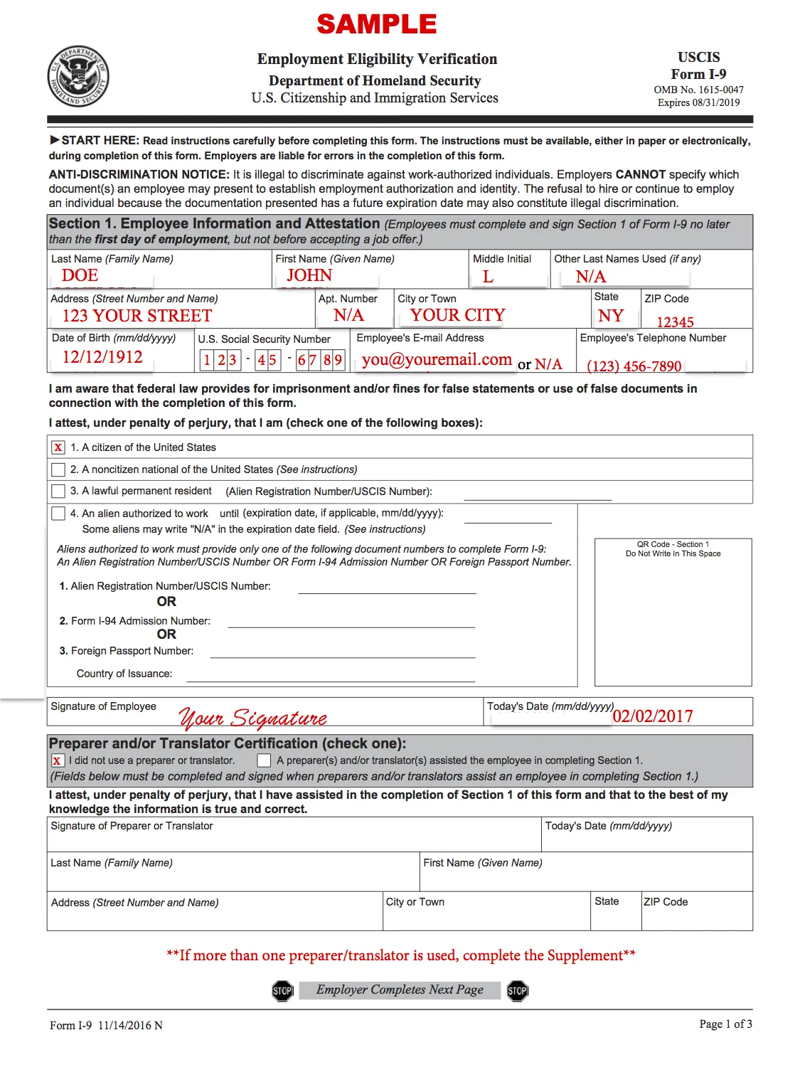 Sample I-9 form for reference only.