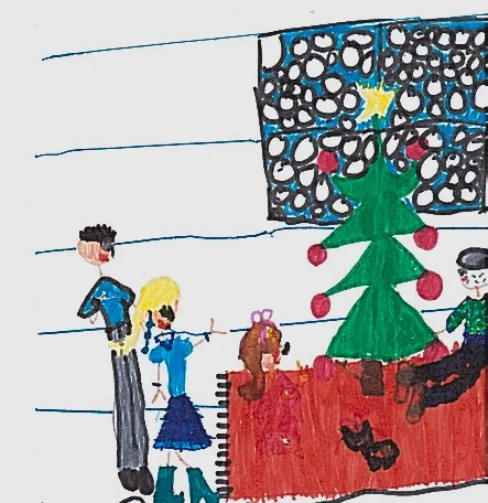Our daughter's depiction of our Christmas tree, with my father sitting healthy in his plaid shirt on the right, our new kitten sitting below the tree, and her, me, and my husband on the left.