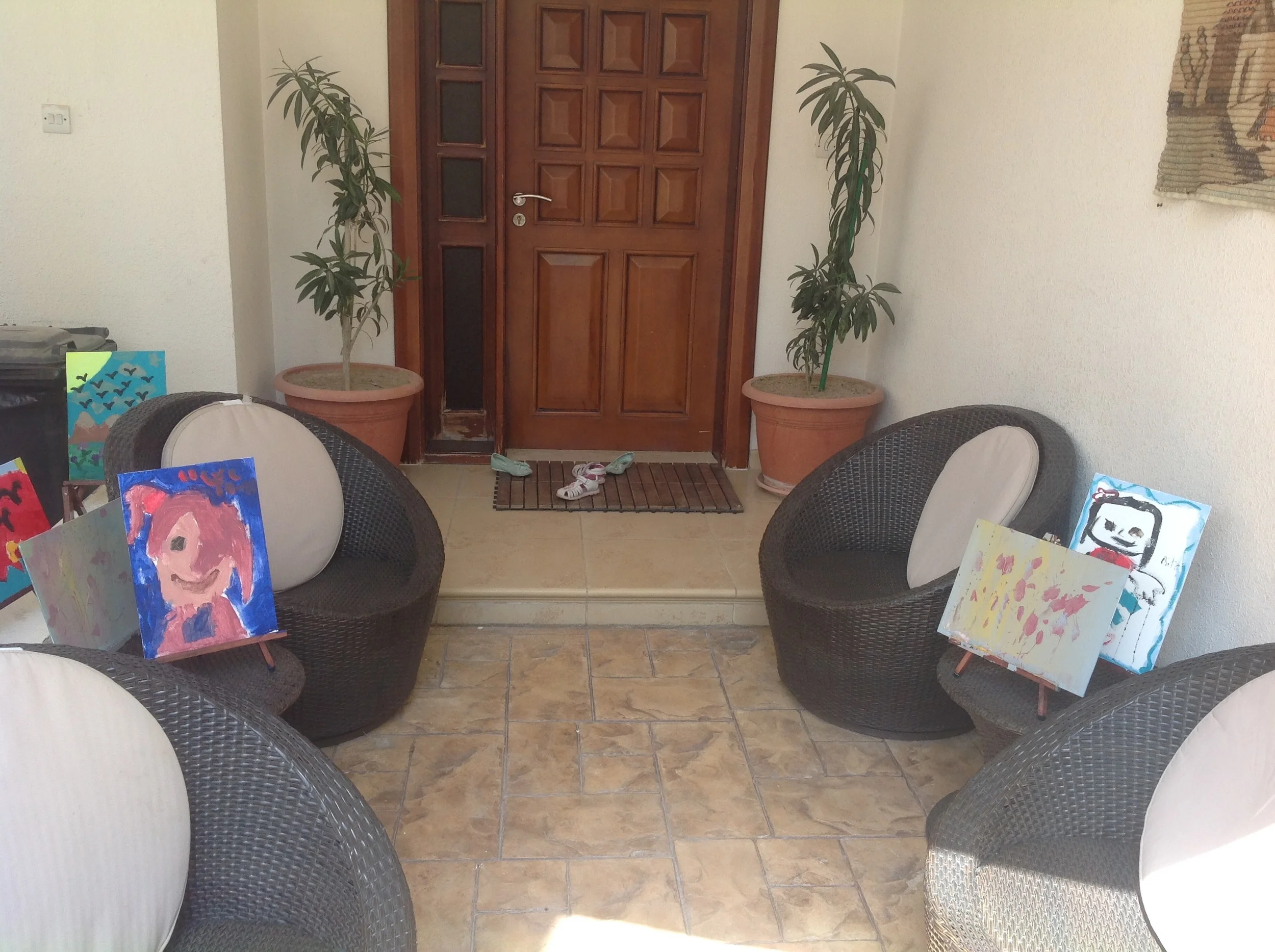 Our outdoor drying gallery after the fake birthday party in May. Some masterpieces here I do believe.