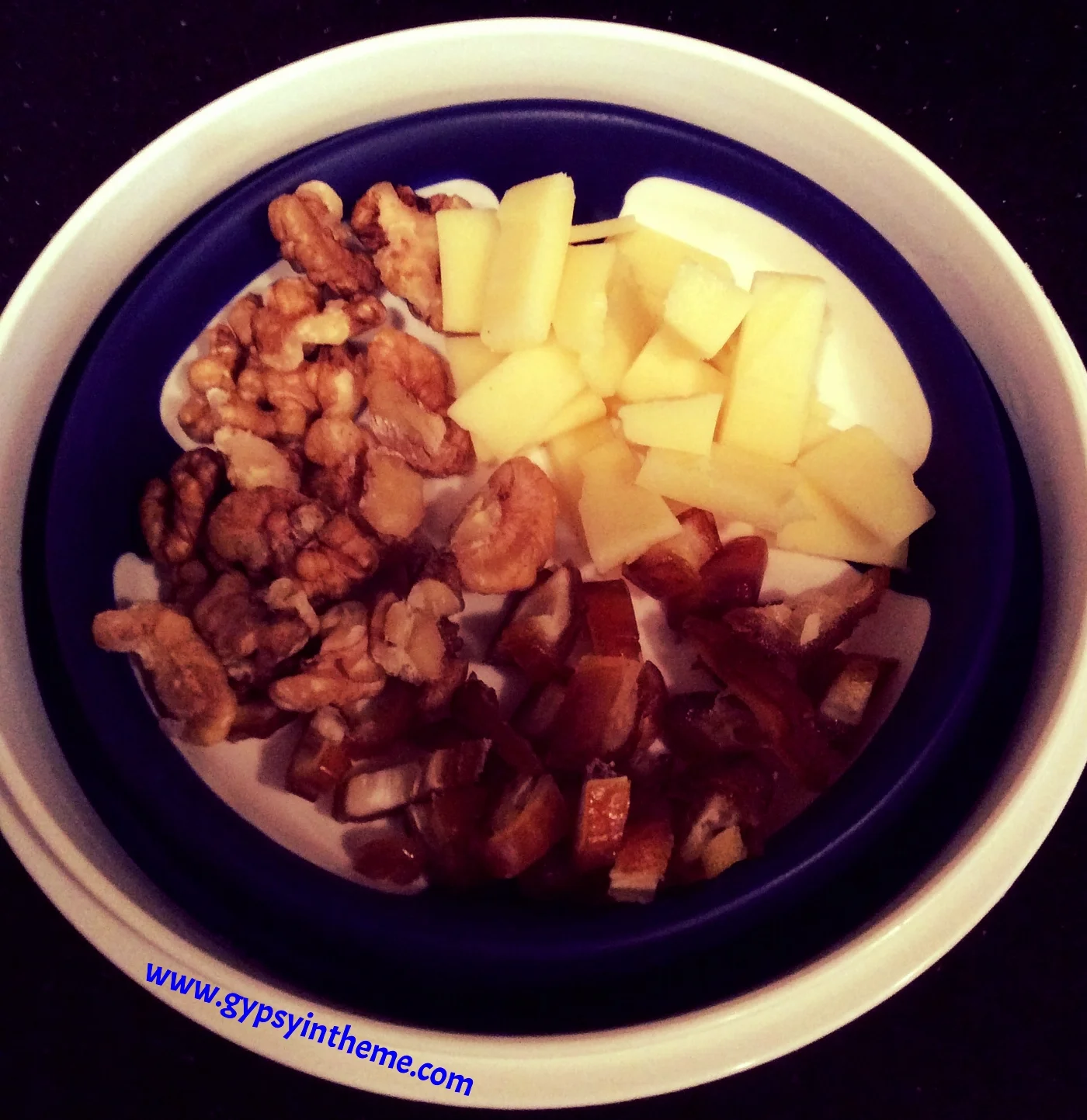 My daily mid-morning snack. Dates, walnuts and Gruyere. The sweet, salty, crunchy, creamy combination is amazingly comforting.