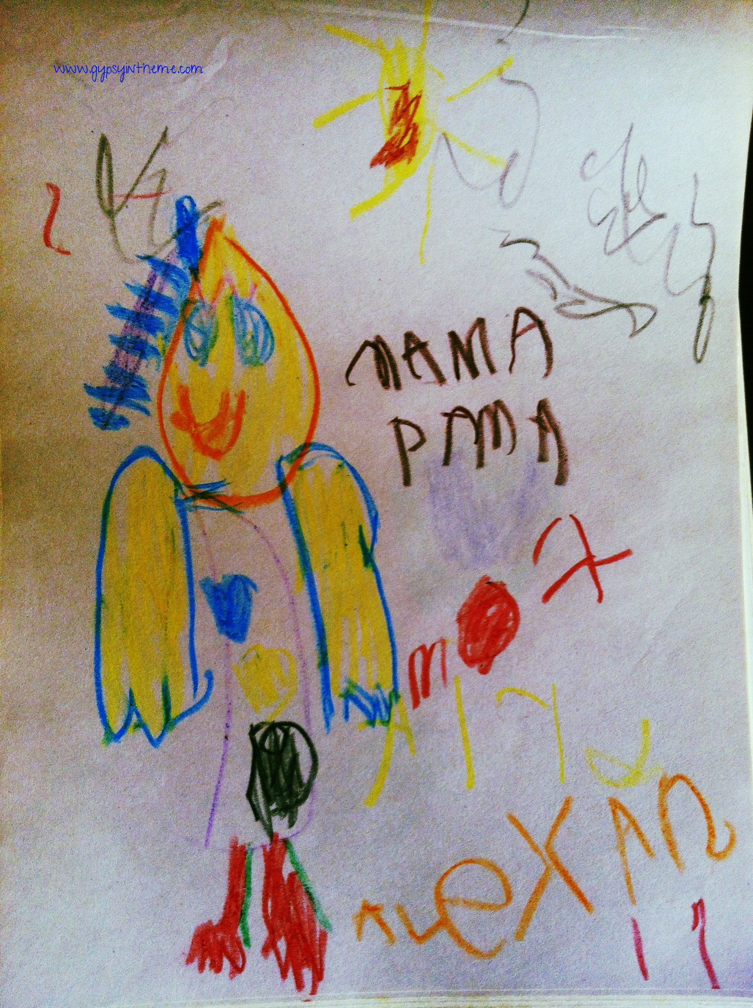 Had I not found this drawing, I might never have remembered that in Kiddo's kindergarten eyes, I slightly resembled a chicken in a dress with a big blue heart and ponytail.