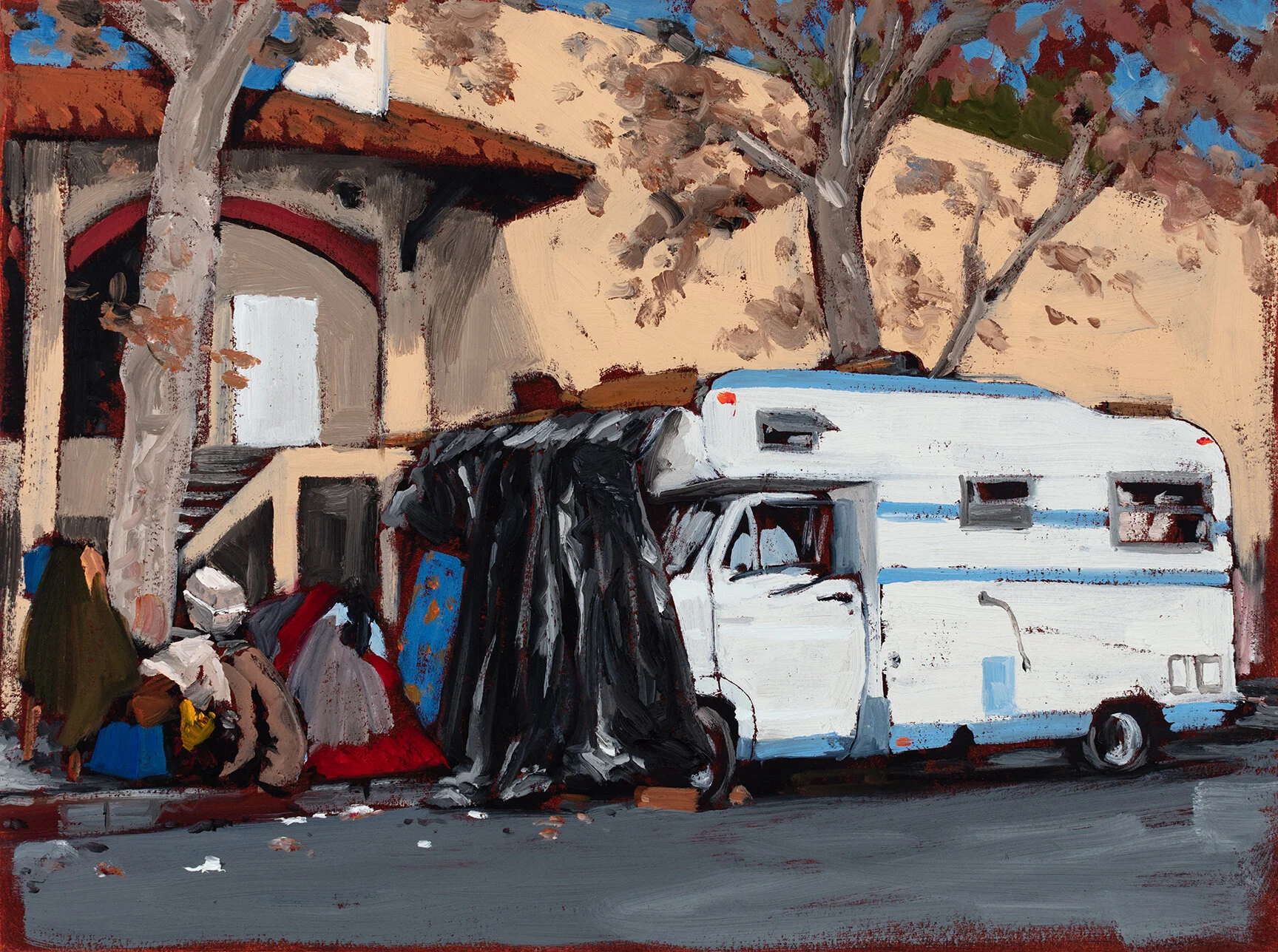 Study: Tent, Bivouac and RV Homes in Eagle Rock - 2021, oil on prepared paper, 12" x 16"