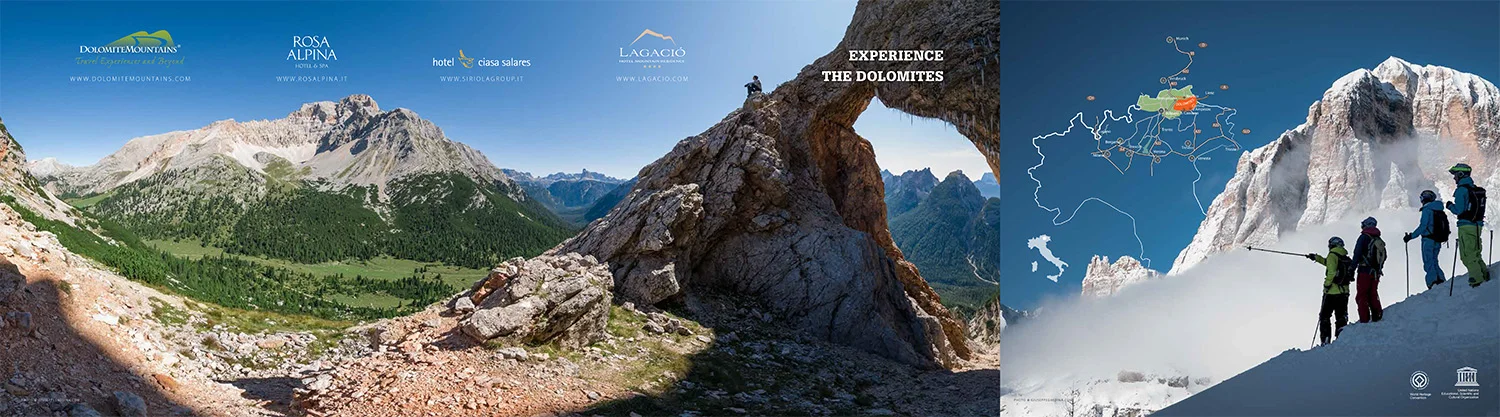 Le due immagini utilizzate per lo stand: a sx una panoramica dal Bus de r'Ancona verso la Croda Rossa, a dx scialpinismo verso la Tofana di Rozes.