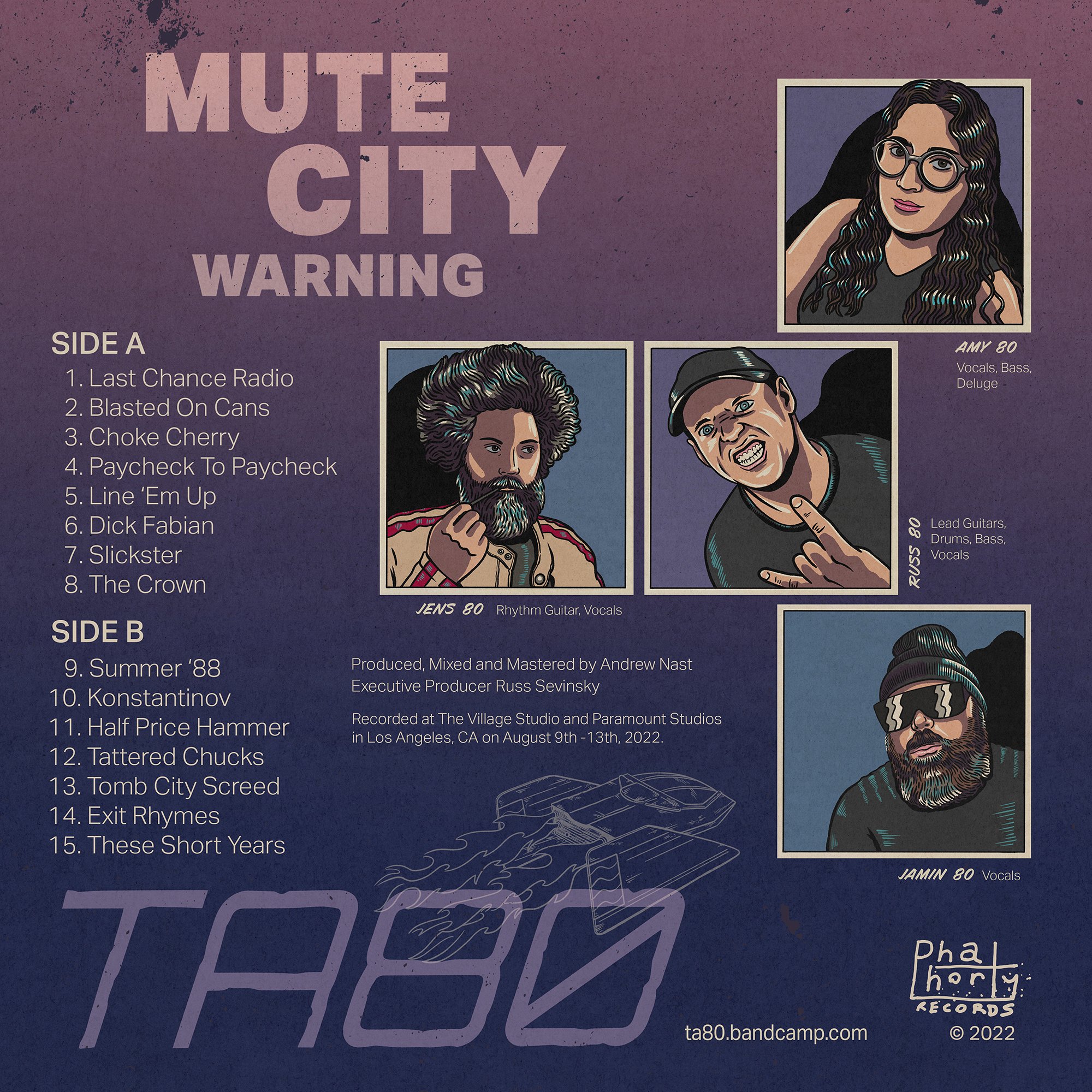 The back of the Mute City Warning album cover, as it will appear on the vinyl LP pressing packaging