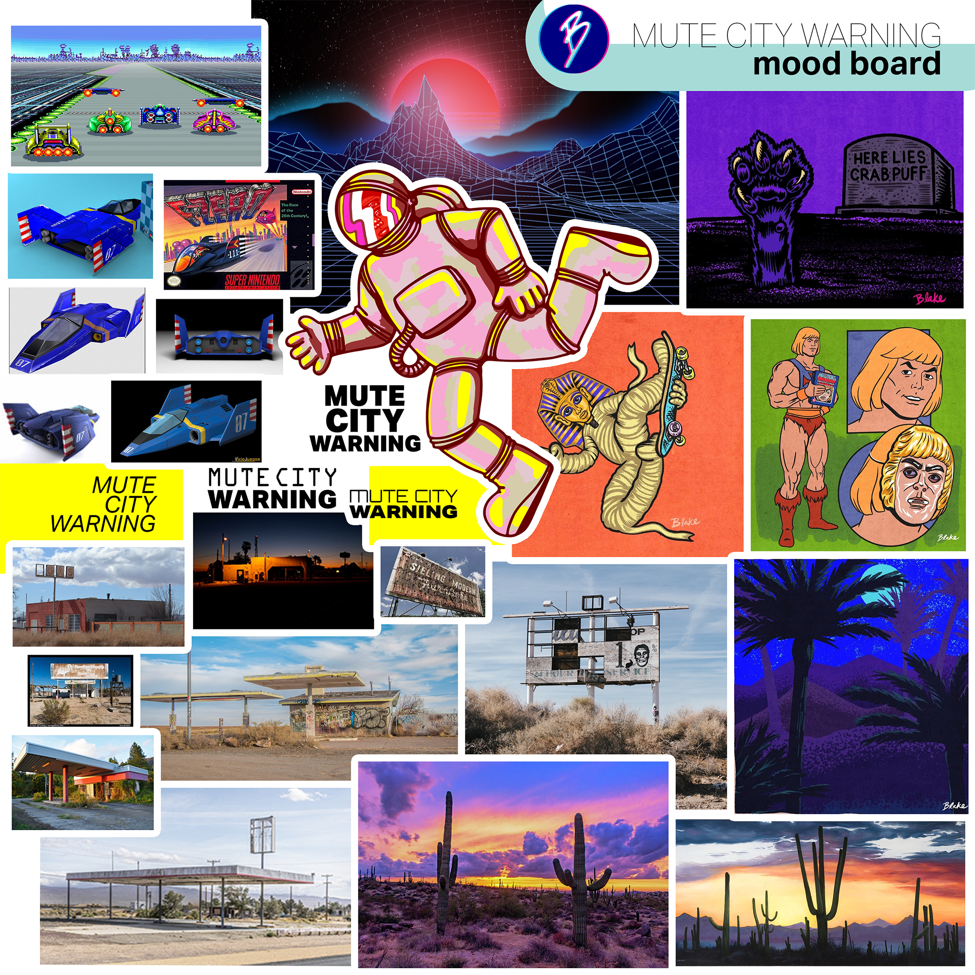 The mood board created for the band to show the overall artistic direction for the album cover. It included possible fonts, references from the video game F-Zero, pieces of my art created in a comic book style, retrofuturism, and desolate desert la