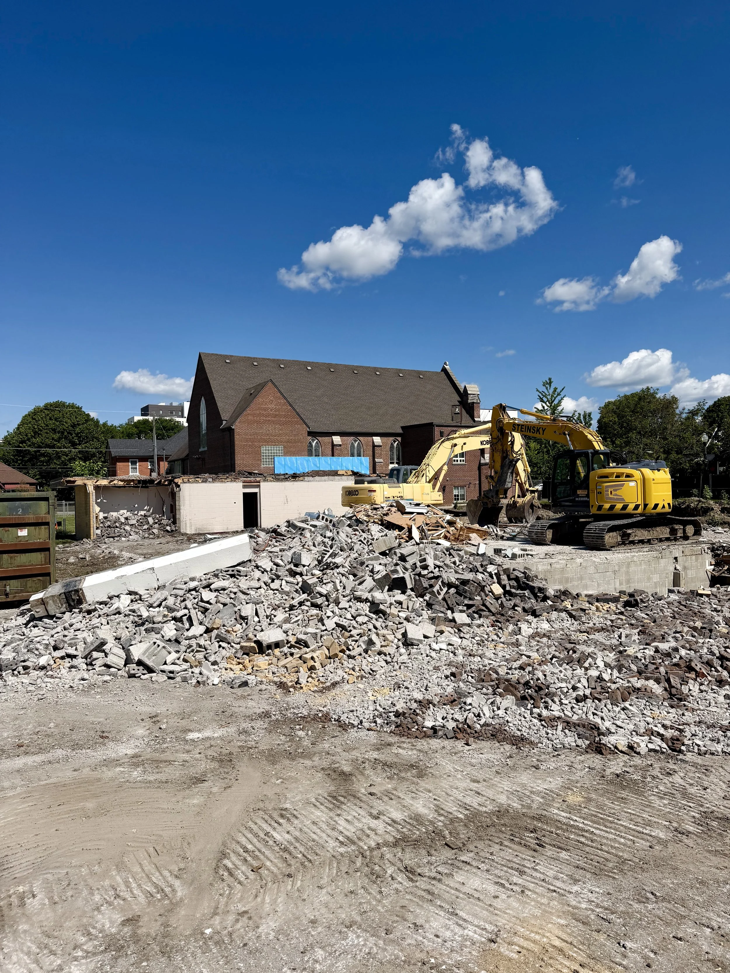 Demolition is underway at 90 Hunter St. E., where the church's former community hall is being removed to make way for a controversial 17-storey mixed-use development approved by Peterborough City Council last summer.