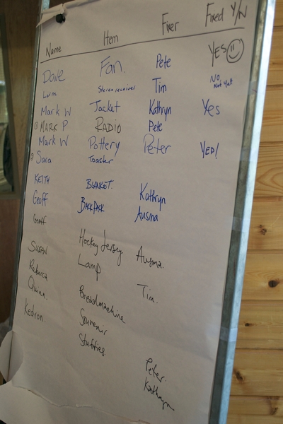 A lengthy list as people check in their item along with the "fixer" for the job!