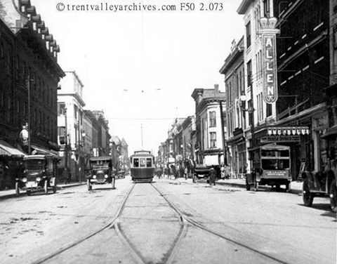 Photo circa early 1920s, downtown Peterborough (the last streetcar ran in 1928)