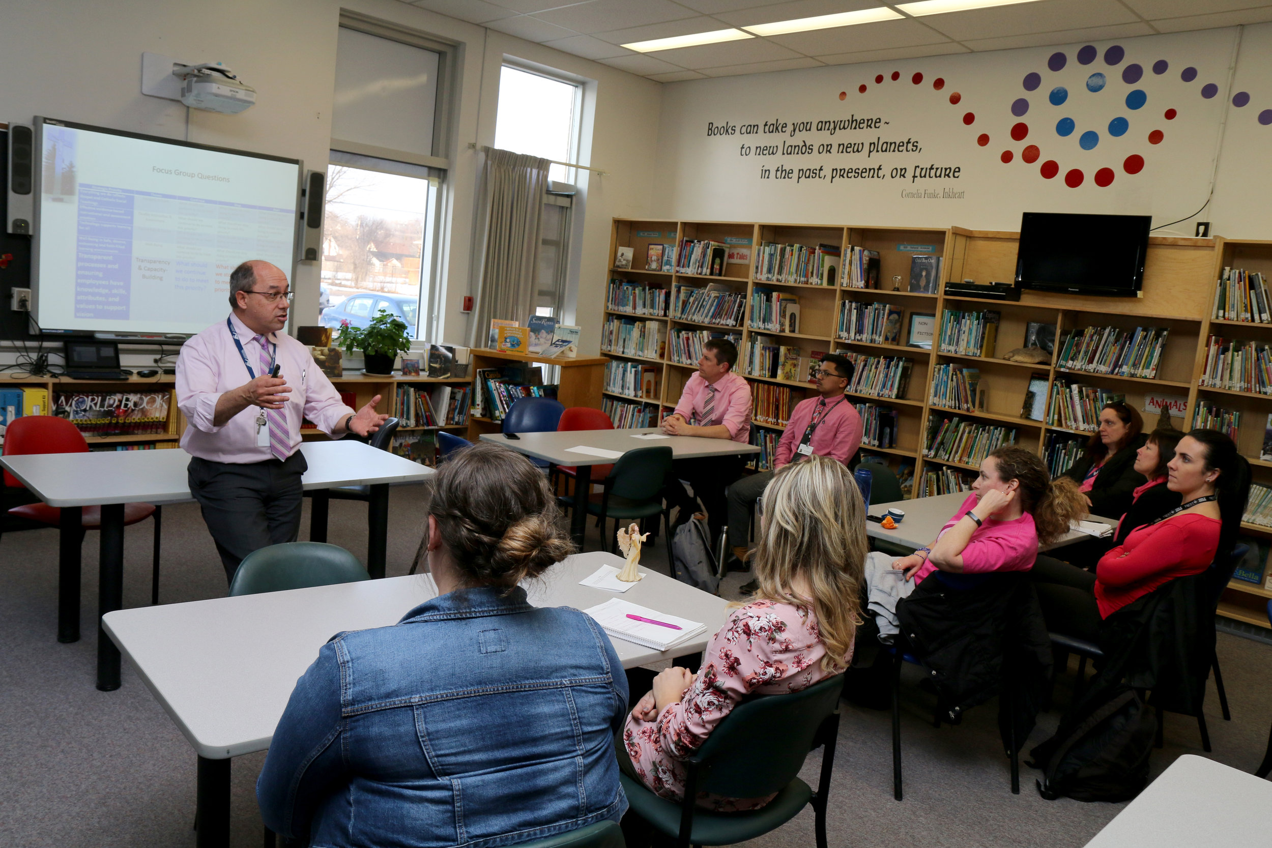 Peterborough Victoria Northumberland and Clarington Catholic District School Board Director of Education Michael Nasello leads a focus group at St. Alphonsus Catholic Elementary School in Peterborough on Wednesday, February 22nd, 2017.