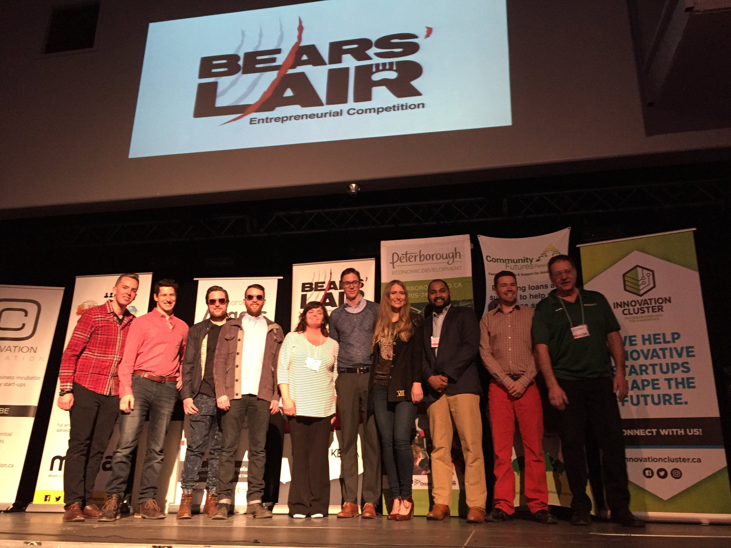 2017 Bears Lair Finalists on stage at the Bear' Lair Semi-Finalist Showcase at The Venue on March 21st, 2017. From left to right: That Dam Tea (TreeWell Limited), Loch, Ship Shape Service, Mont Pellier, Lab Improvements and Dock HitchHinge.