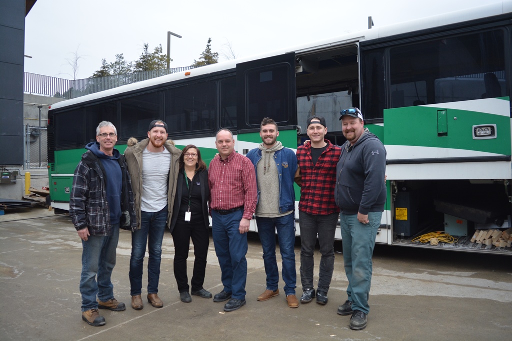 March 20th: Paul Jordan, Coordinator, Trades Fundamentals program; band member Taylor Abraham; Maxine Mann, Dean, School of Trades and Technology; School of Trades and Technology Academic Chair Rod McLeod; band member Connor Stephen; band member Bobby Martin; and Band Manager.