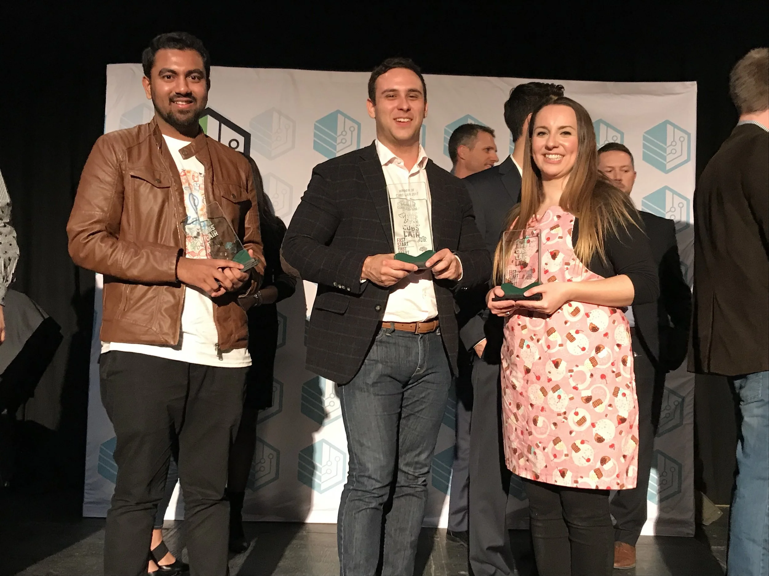 Left to right: Runner-up Sultan Moni of Zatiq; Winner Rich Cochrane of Status Exempt, Runner-up Victoria Naish of The Cake Engineer.