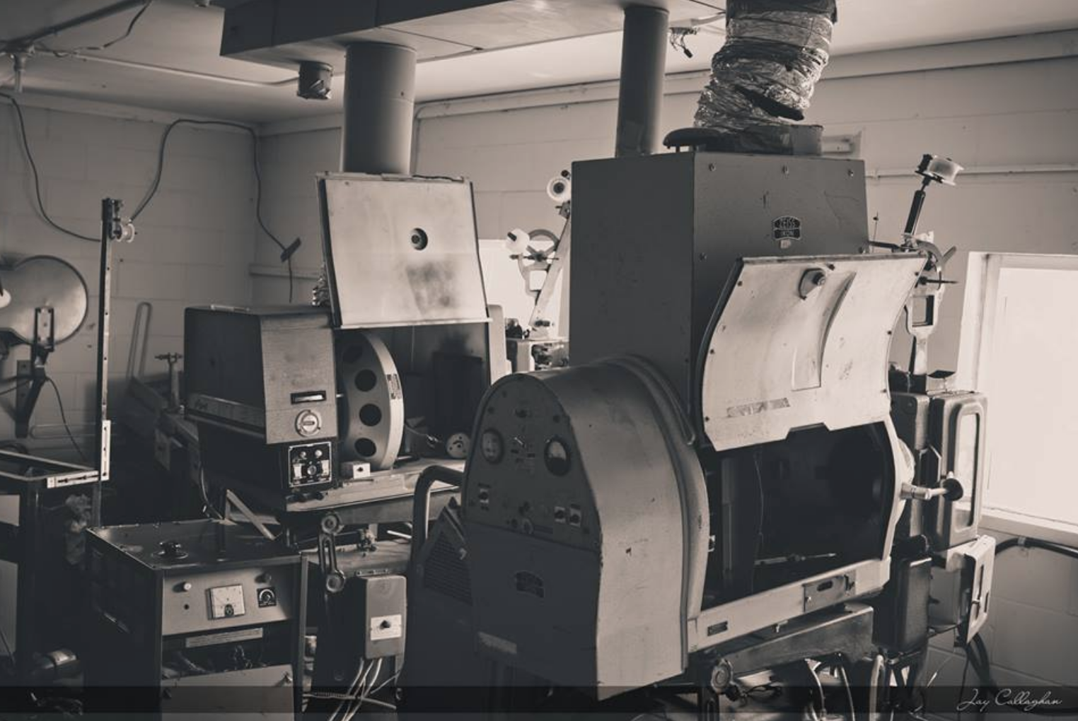 Photo by Jay Callaghan of old projector room at Mustang Drive-In