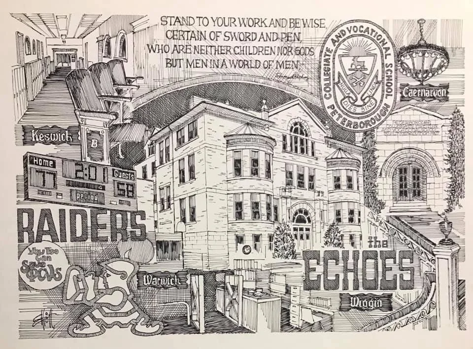 George Elliott illustration of PCVS, which he had a lifelong love for and attended in high school.