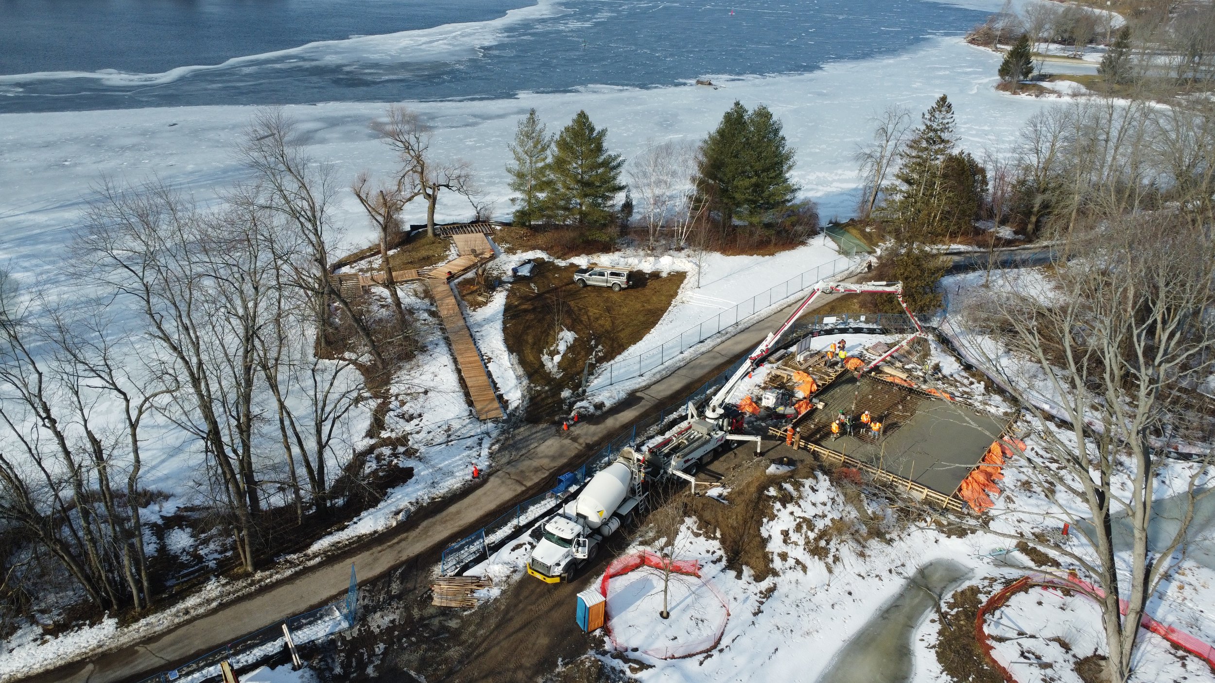  An aerial view of the Lakefront Campus, taken on February 13, depicting construction on the boardwalk and Canoe House. Photo courtesy of The Canadian Canoe Museum. 