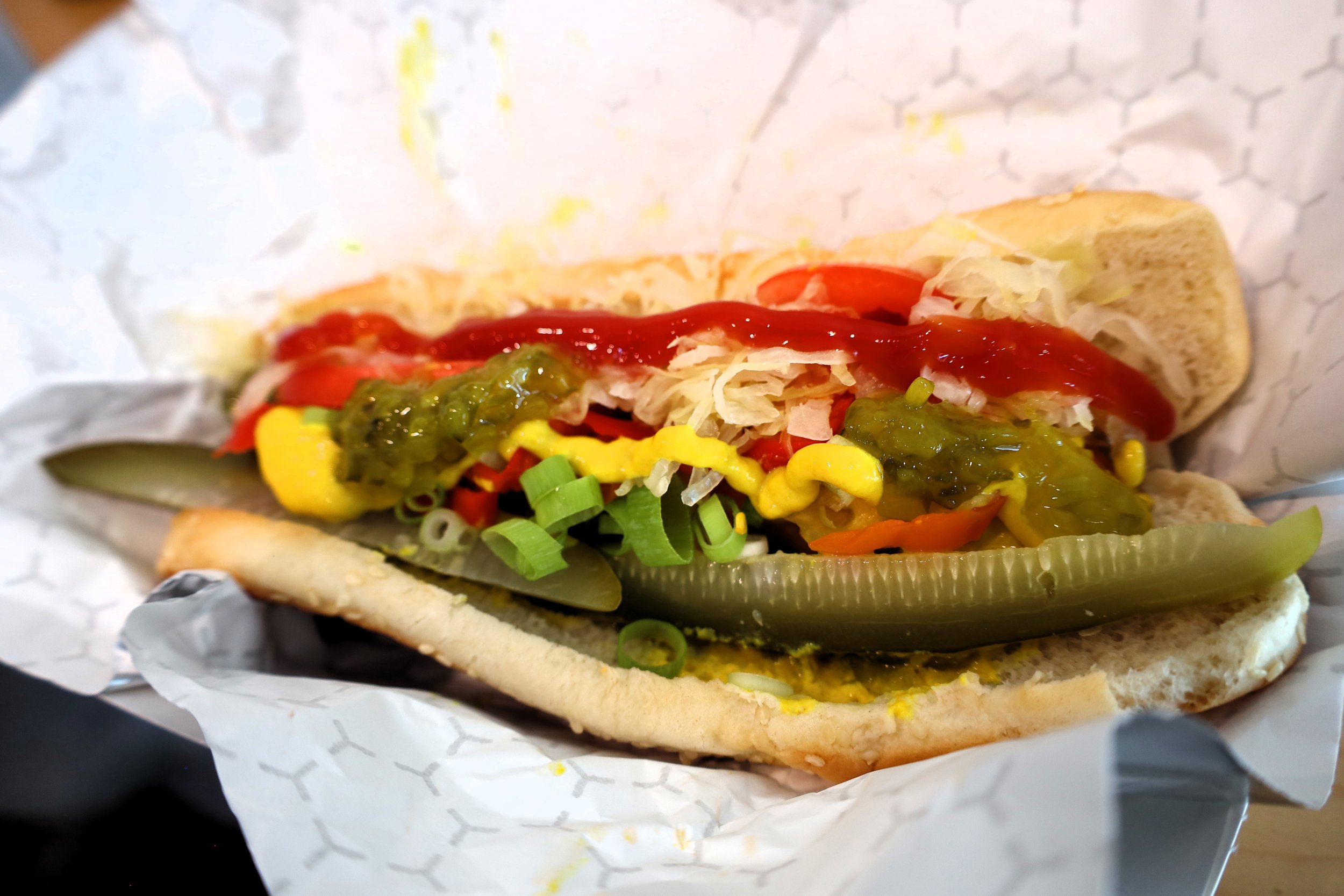 A dressed Chicago Dog with mustard, relish, onion, tomato, pickle, celery salt and banana peppers. All photos by David Tuan Bui.