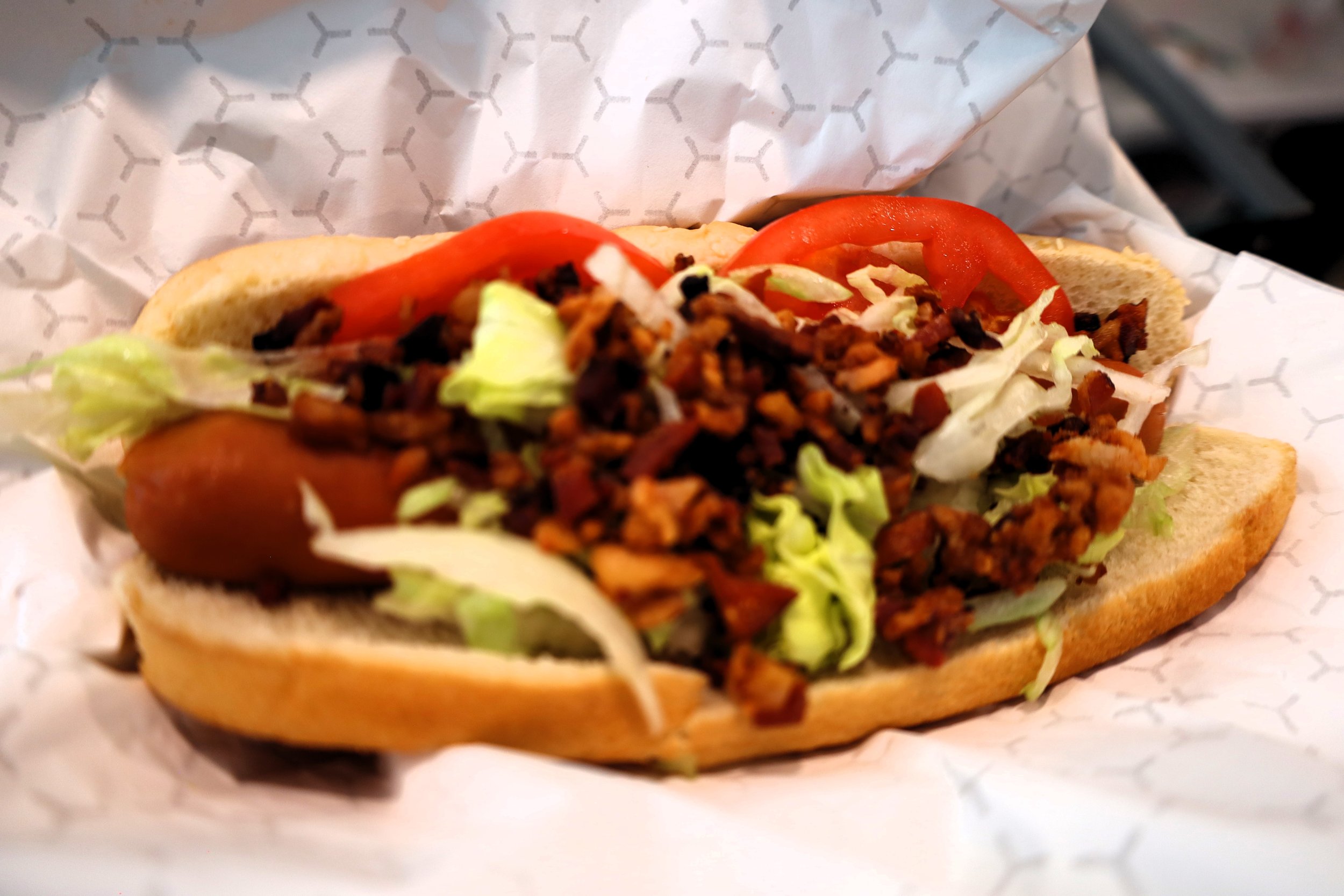 A San Fran dog consisting of bacon, lettuce, tomato and mayo (excluded). 
