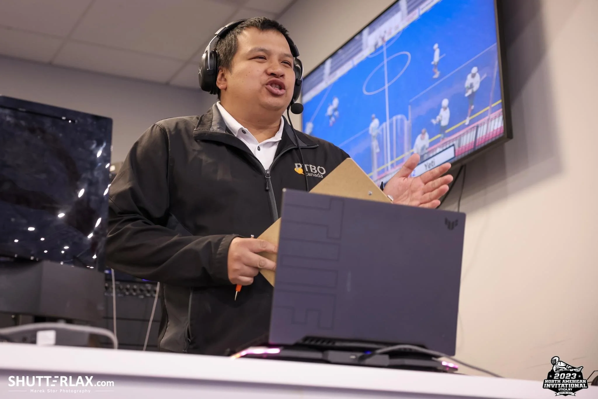 Bui as the alternate play-by-play announcer at LAXNAI. Photo courtesy of Marek Stor and Shutterlax.