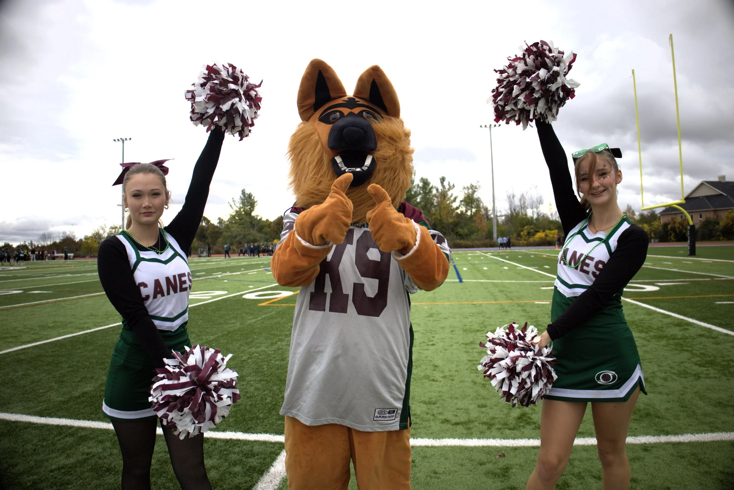 Two Holy Cross cheerleaders and mascot 'HurriK-9' before kickoff between the Saints and Hurricanes. All photos by David Tuan Bui.