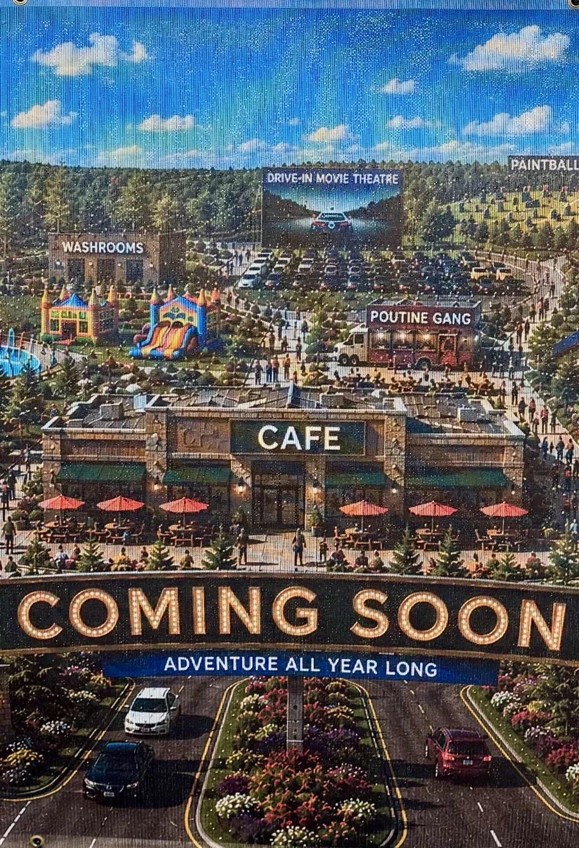 Concept images posted at the property show plans for attractions including mini golf, batting cages, a drive-in movie theatre, paintball, rollerblading, a café, and Poutine Gang. (Photo by Scott Arnold)
