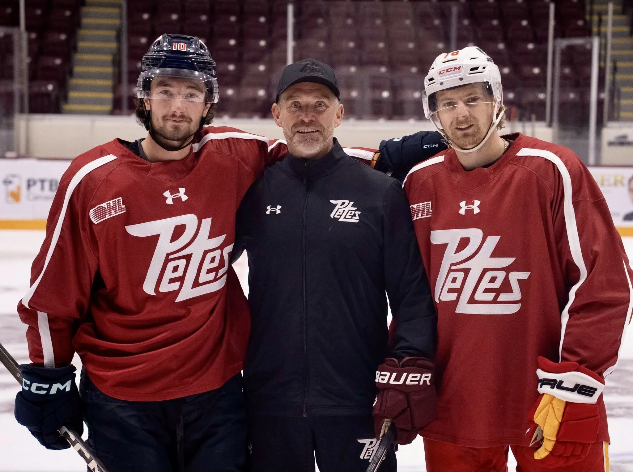 Two members of Peterborough’s 2023 OHL championship team were back at the Peterborough Memorial Centre Tuesday morning for a skate with their former team.