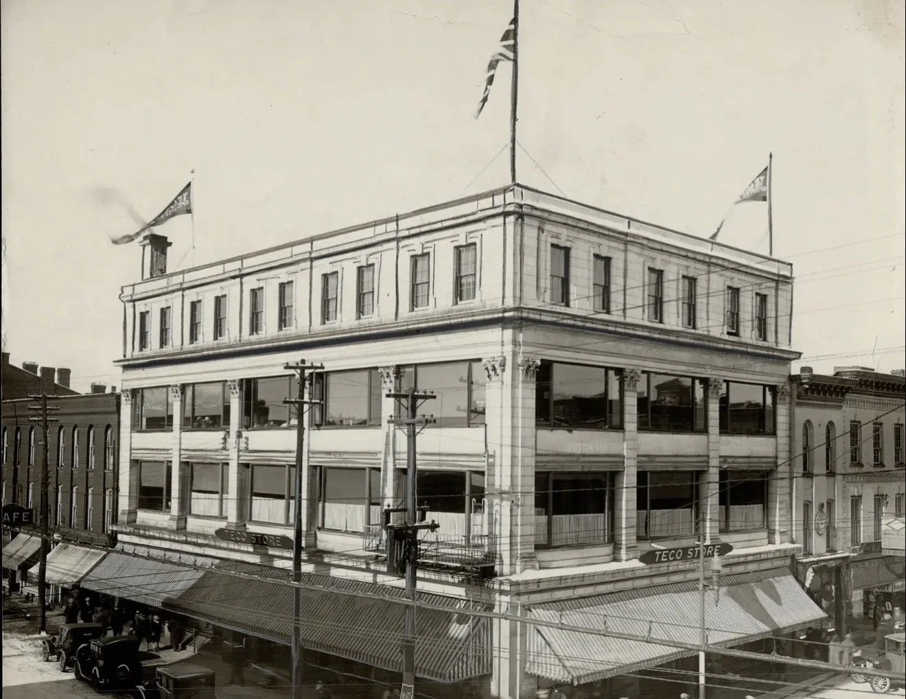 the timothy eaton company, known as the teco store, pictured in this 1928 photo in the turnbull building at the corner of george and simcoe in downtown peterborough