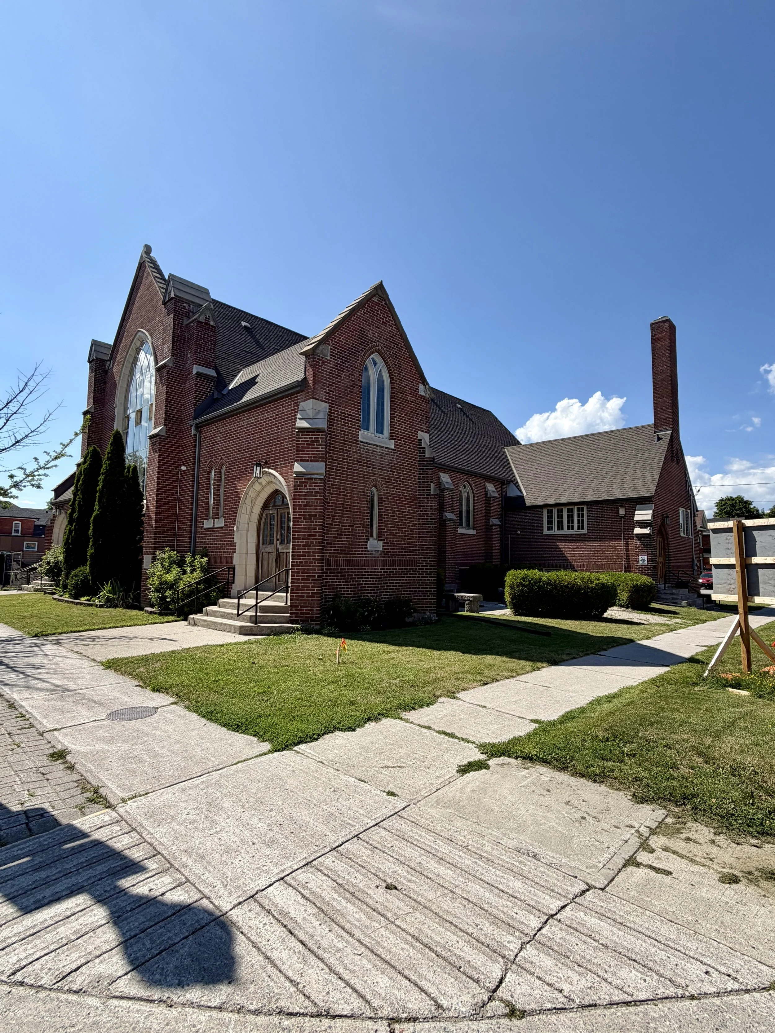 Demolition is underway at 90 Hunter St. E. as the former community hall on the Mark Street United Church property is removed to prepare for the approved 17-storey mixed-use development. (Photo by Scott Arnold)