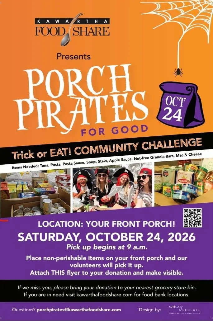 Kawartha Food Share’s Porch Pirates for Good food drive returns Saturday, October 24th, and residents can take part by leaving a bag of non-perishable food on their front porch for volunteers to collect starting at 9am.