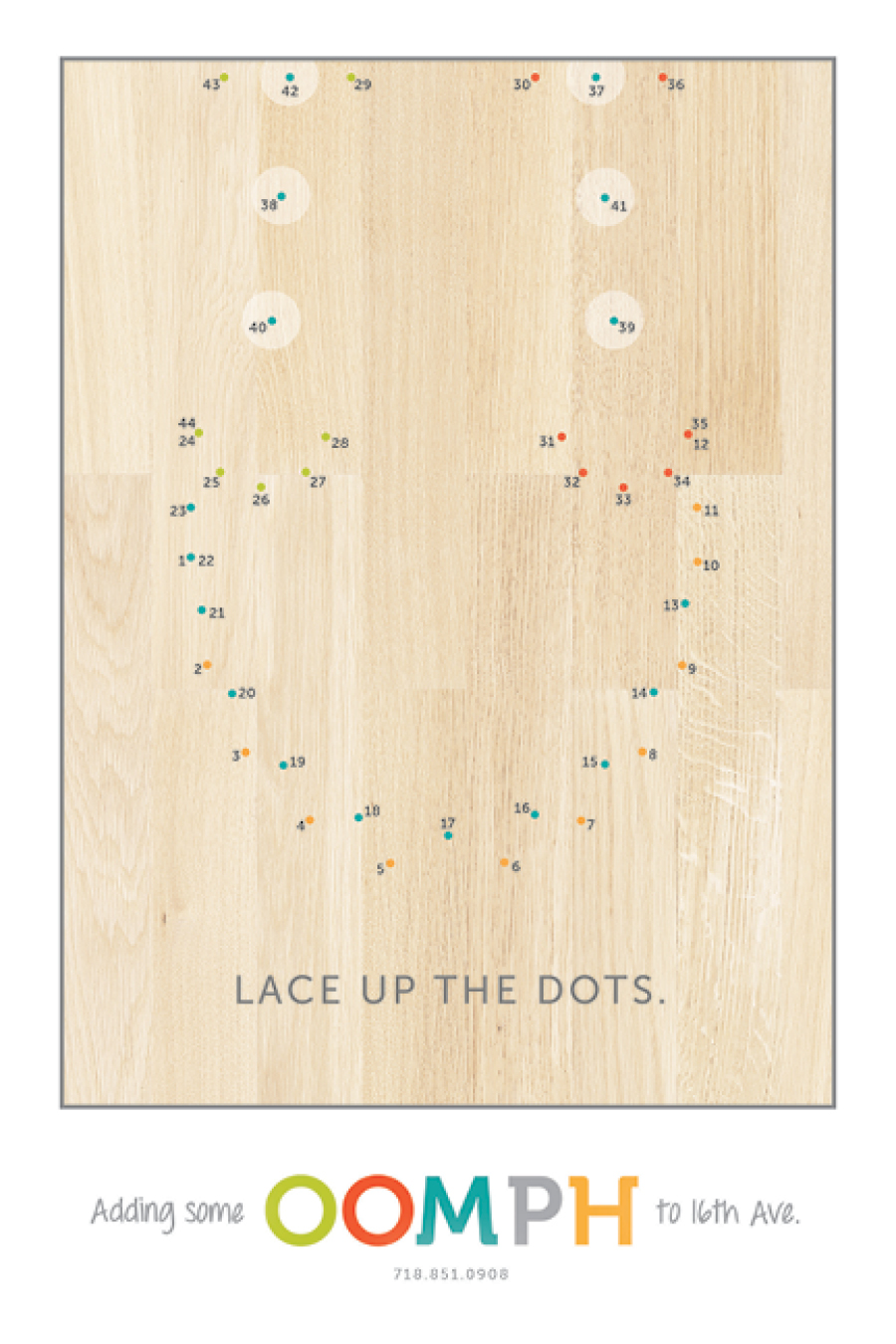 Magazine "teaser" ad for the kids' shoe store Oomph. 