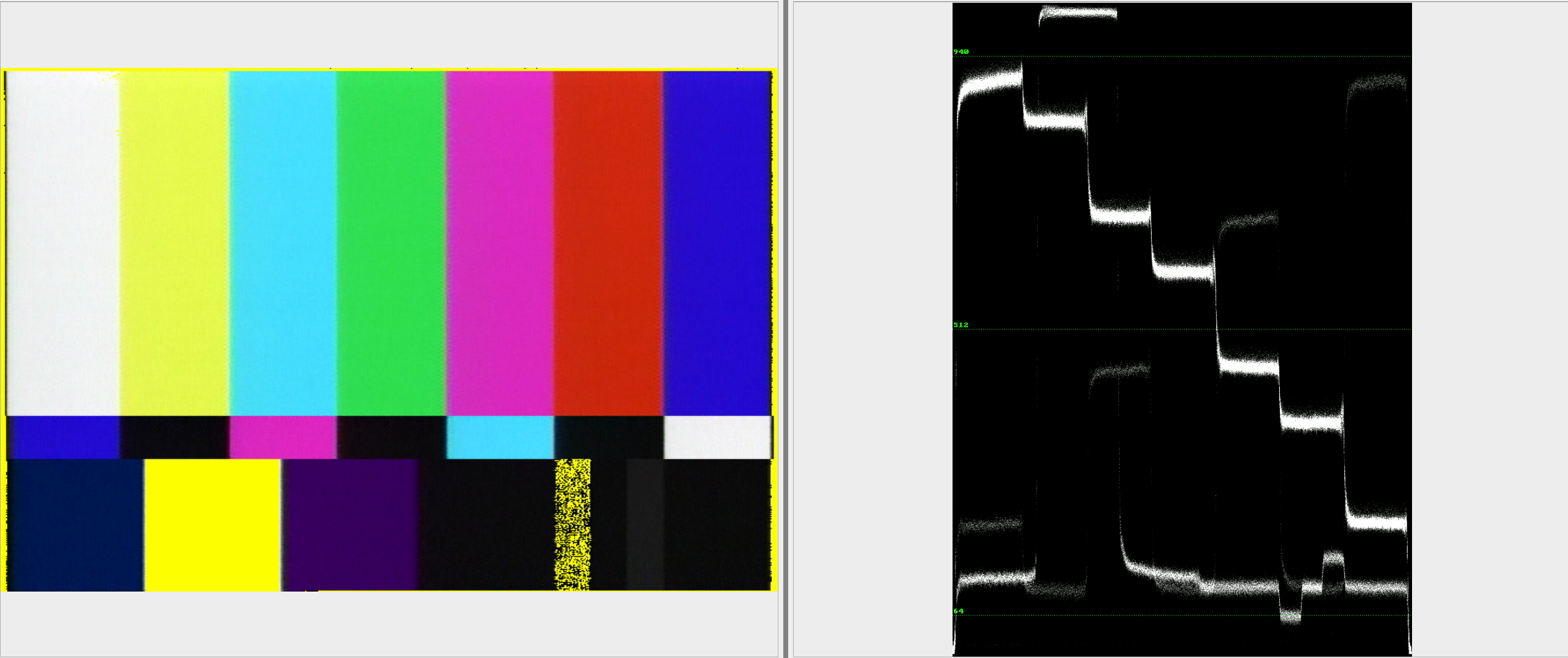 Example of “Broadcast Range Pixels” video next to a waveform monitor in QCTools