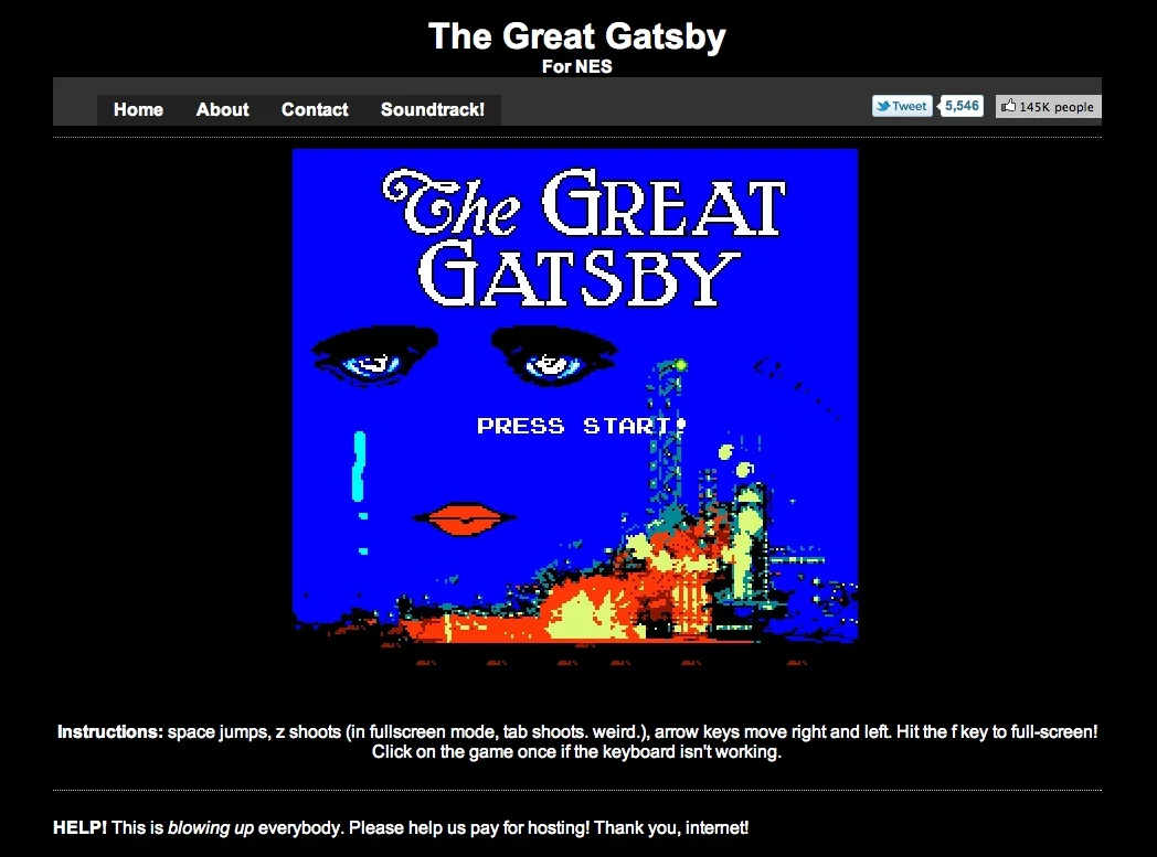 5 magical words. Great Gatsby 8-bit video game. overwhelming awesomeness. how did i not know about this sooner? goodbye tuesday afternoon. ( via The Rumpus )