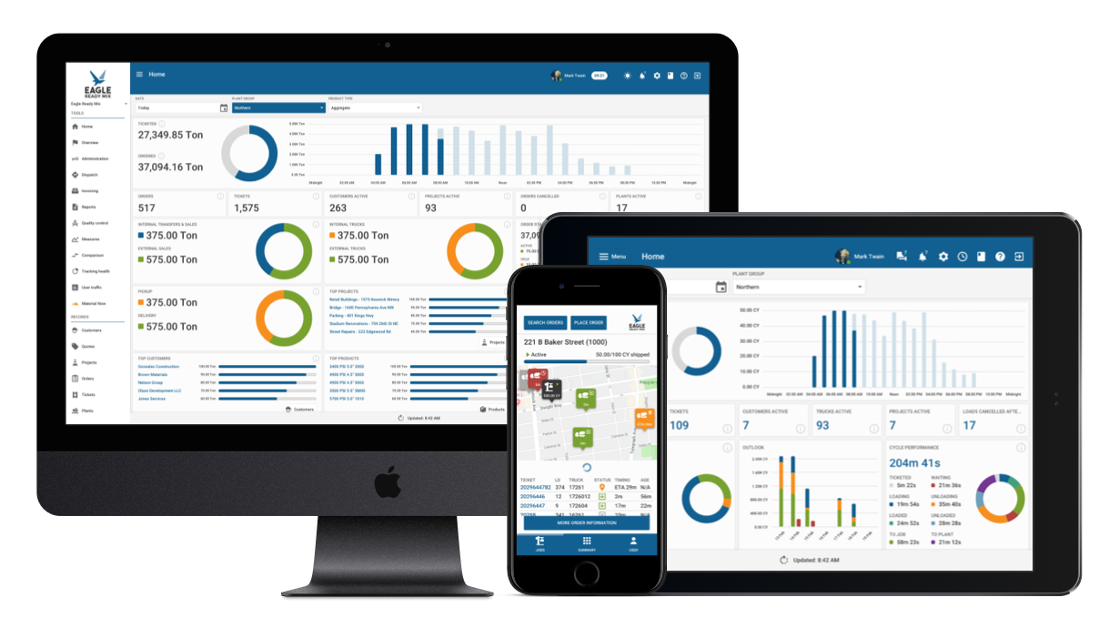  Showcase image featuring the home dashboard on the Material Pro app and the Jobs map on the Material Now app 