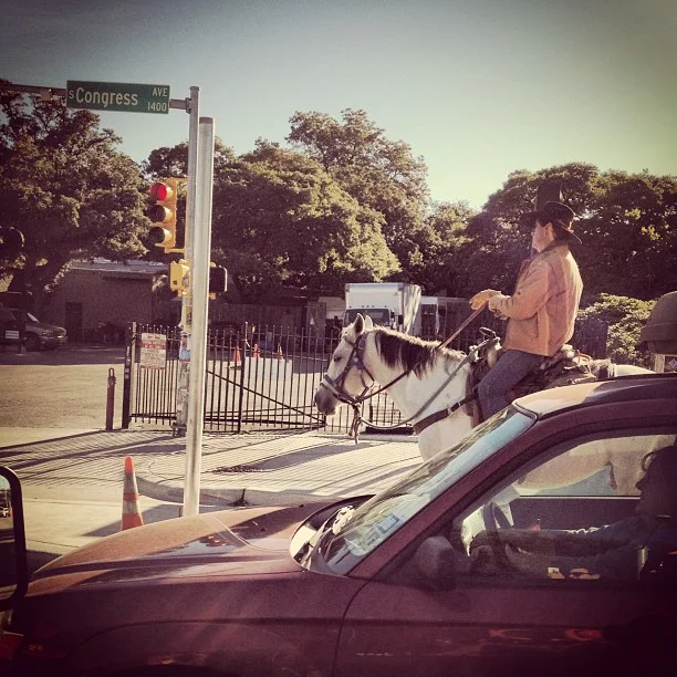 South Austin traffic jam. #horse #texas #austintexas #traffic #congress #cowboy  (at SoCo)