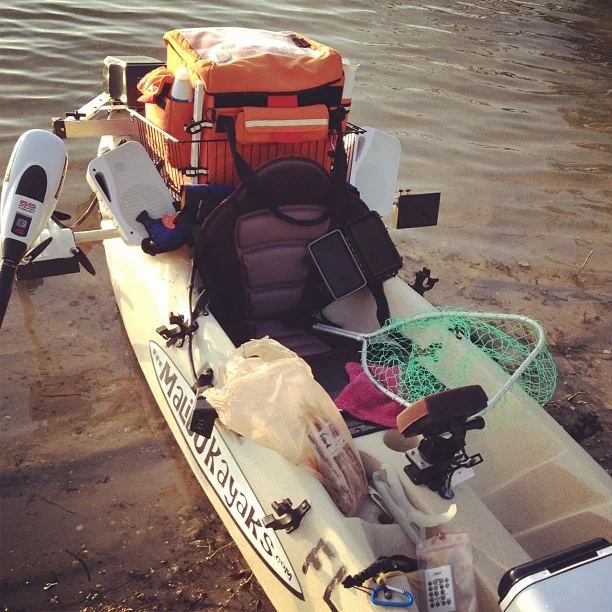 Why yes…that IS a stero system and trolling motor attached to my dad’s kayak. Don’t they all come with those? (Taken with Instagram)