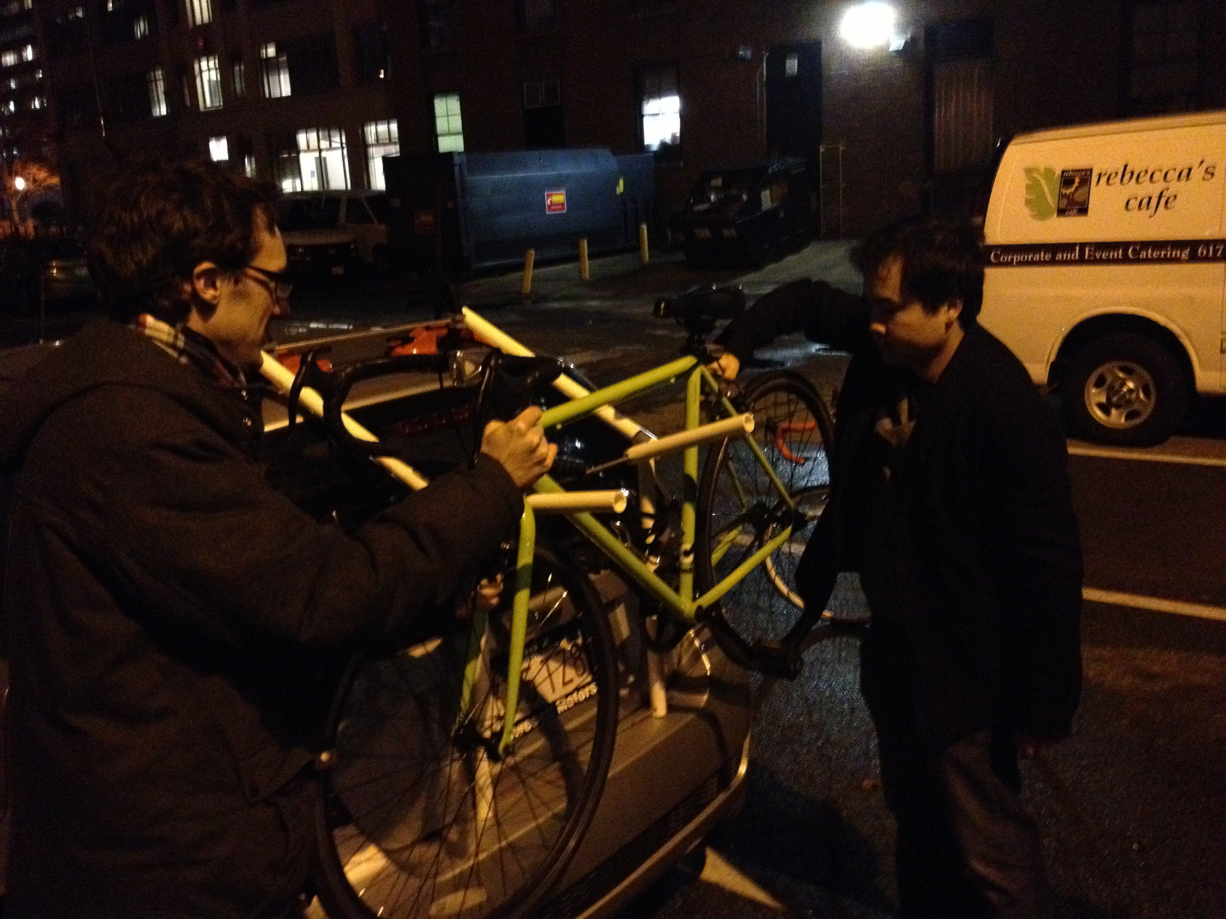  ​Early PVC model of a foldable bike rack folding up 